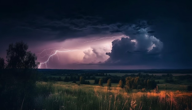 Foto de donkere spookachtige nachtelijke hemel verlicht door heldere blikseminslagen gegenereerd door ai