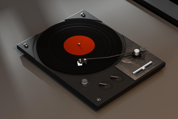 De donkere vinyl platenspeler op de tafel 3D-rendering