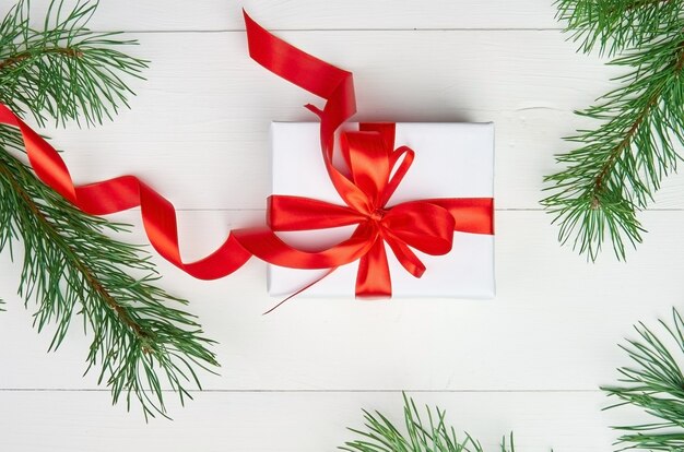 De doos van de gift van Kerstmis met rood lint en pijnboomtakken op wit