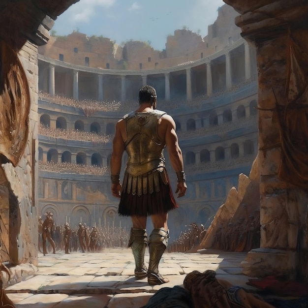 De dramatische intrede van de Romeinse gladiator in het Colosseum AI