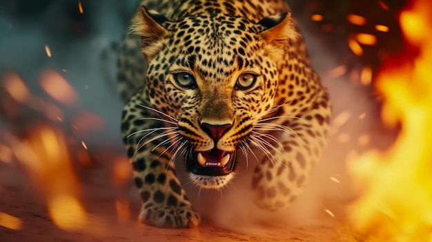 De dreigende kracht vastleggen van een boze cheetah die door vuur en rook rent Generatieve AI