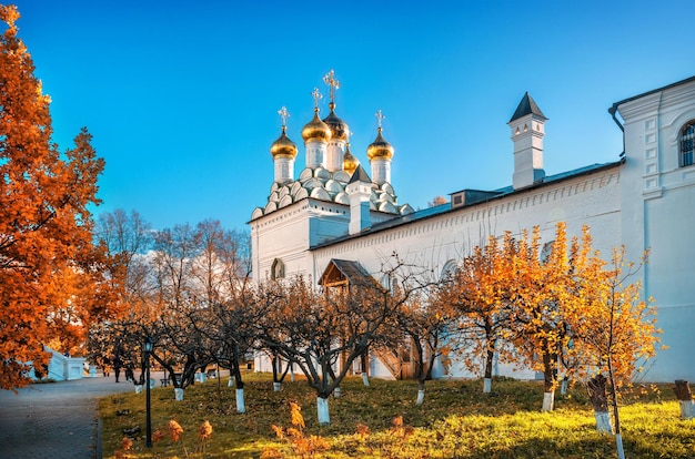 De Driekoningenkerk van het JosephVolotsky-klooster in Teryaevo op een herfstdag