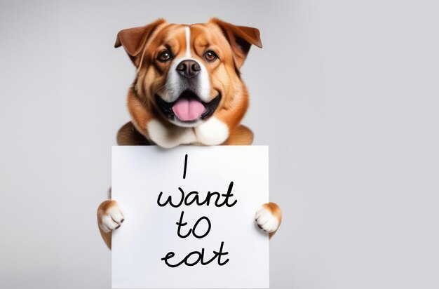 Foto de droevige hond houdt een bord in zijn poten met de tekst ik wil eten