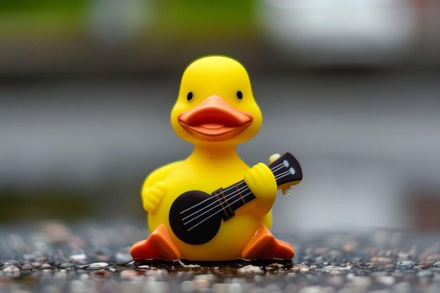 De eend speelt gitaar ukulele met muzieknoot