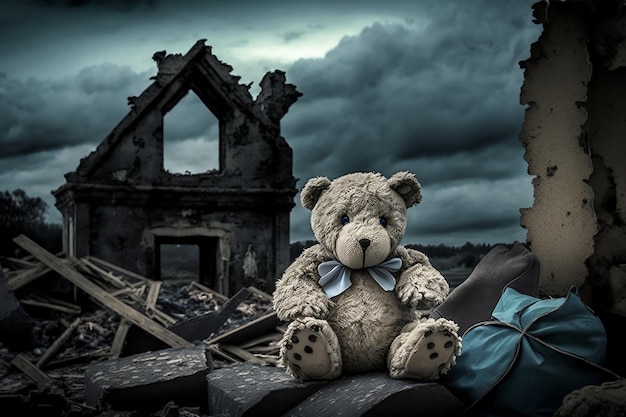 De eenzaamheid van een teddybeer getuige van de verwoesting van natuurrampen Generatieve AI