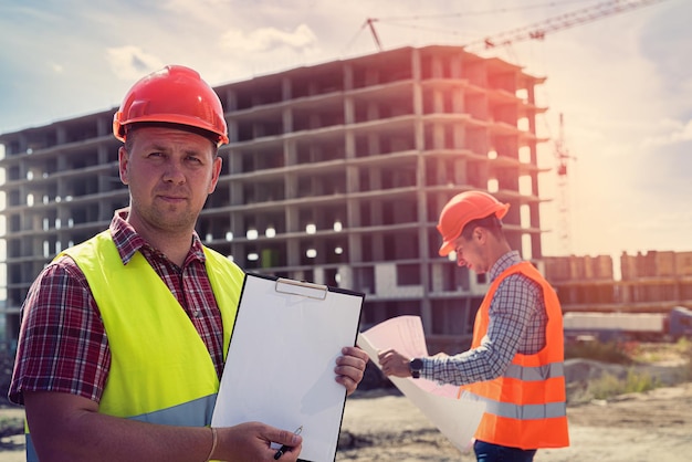 De eerste arbeider met een tablet staat op de voorgrond de tweede arbeider staat met een bouwplan op de achtergrond bij de nieuwbouw. bouwconcept