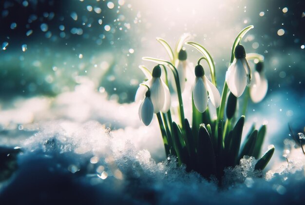 Foto de eerste lente sneeuwklokjes bloemen die uit de sneeuw steken op een zonnige dag