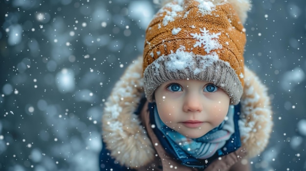 De eerste ontmoeting van een kind met sneeuw die de kou met verwondering en verbazing aanraakt