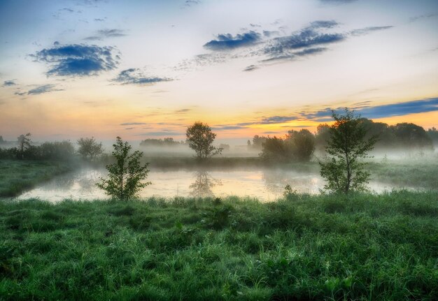 De eerste zonnestralen op de rivier in een mistige dageraad