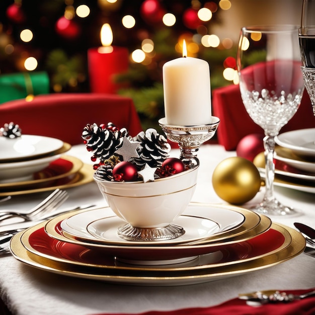 Foto de eettafel is versierd voor het diner op kerstdag.