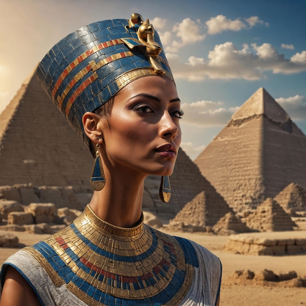 De Egyptische koningin Nefirtiti tegen de achtergrond van de piramides