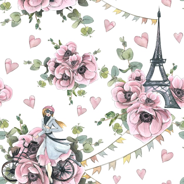 De Eiffeltoren een Française met een fietsslingers van vlaggenharten en roze anemoonbloemen met eucalyptustakken Aquarel illustratie Naadloos patroon uit de PARIS-collectie