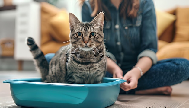 De eigenaar maakt de kattenbak thuis schoon