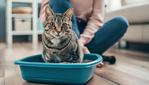 De eigenaar maakt de kattenbak thuis schoon