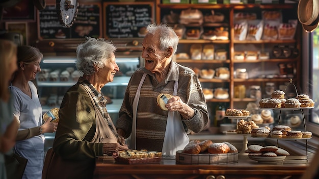 De eigenaar van de bakkerij lacht met de klanten