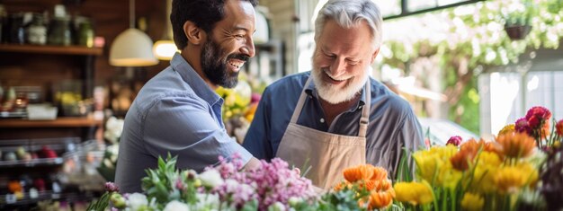 De eigenaar van een bloemenwinkel praat met een klant om hem te helpen een boeket bloemen te kiezen