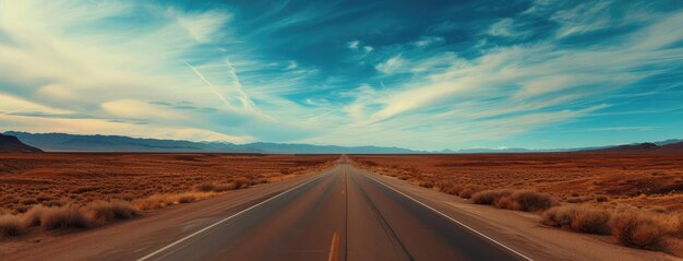 De eindeloze woestijnweg onder de uitgestrekte blauwe lucht