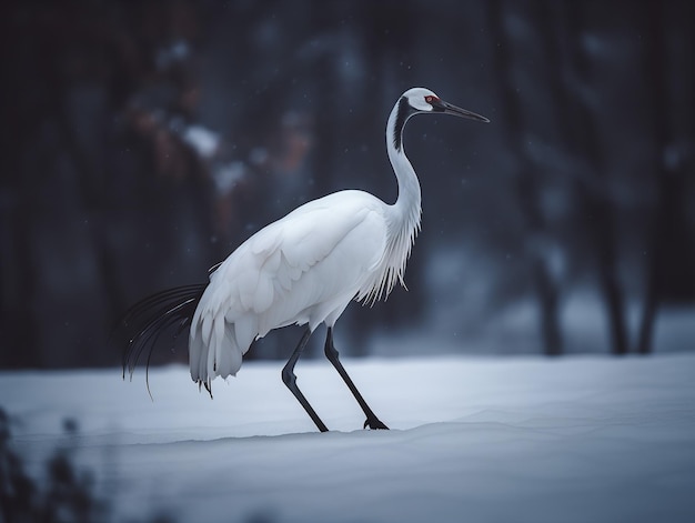 De elegante dans van de Japanse kraanvogel in de sneeuw