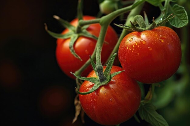 De elegantie van tomaten die nog aan de tros hangen en de schoonheid van de overvloed van de natuur laten zien