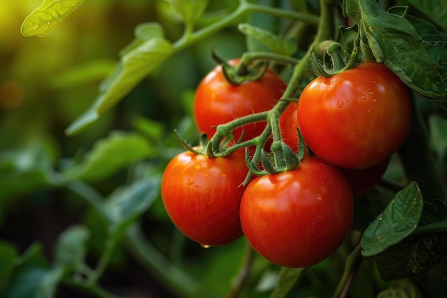 De elegantie van tomaten die nog aan de tros hangen en de schoonheid van de overvloed van de natuur laten zien