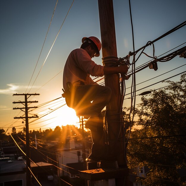 de elektricien die tijdens de zonsondergang vaardig aan de bedradingsverbindingen werkt op de top van een elektriciteitspaal Generatieve AI