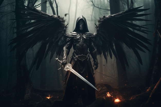 De engel van de dood met het zwaard in het donkere bos.