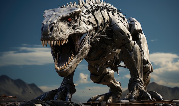 De enorme tyrannosaurusrobot dwaalt door het futuristische landschap en trekt de aandacht