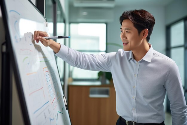 De enthousiaste Koreaanse leraar betrekt de studenten in een inspirerende les in de klas Een boeiende