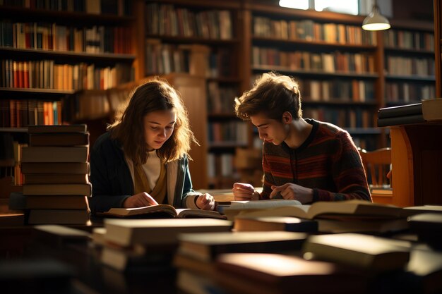 De enthousiaste zoektocht naar kennis Jonge studenten ondergedompeld in boeken in de universiteitsbibliotheek AR