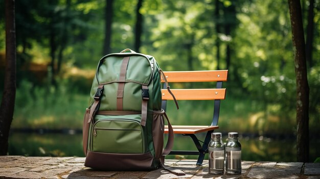 De essentiële elementen van de natuur in de wildernis rugzak fles stoel en beker te midden van een serene boslandschap