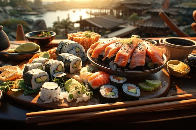 De esthetiek van de Japanse keuken Sushi Rijst met azijn kruiden Verschillende zeevruchten Delicottes Lekker eten Gewassen en specerijen Sashimi Rolls Ramen Poke