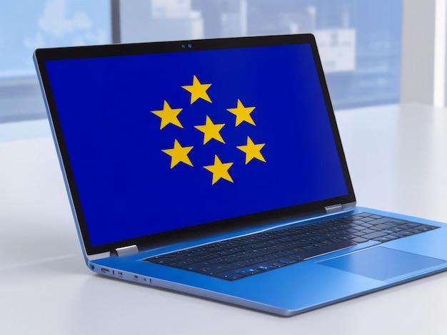 De EU-vlag op het laptop-scherm 3D-illustratie geïsoleerd op witte achtergrond