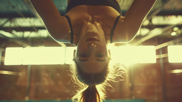 Foto de evenwicht en controle van een handstand van een gymnast in een close-up opname