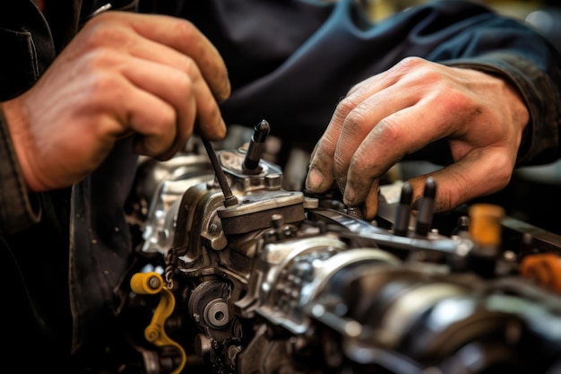 De expertise van een automonteur terwijl hij werkt aan het repareren van een automotor in een autowerkplaats Generatieve AI