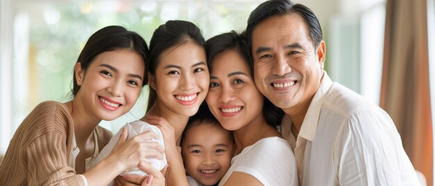 Foto de familie glimlacht in de woonkamer.