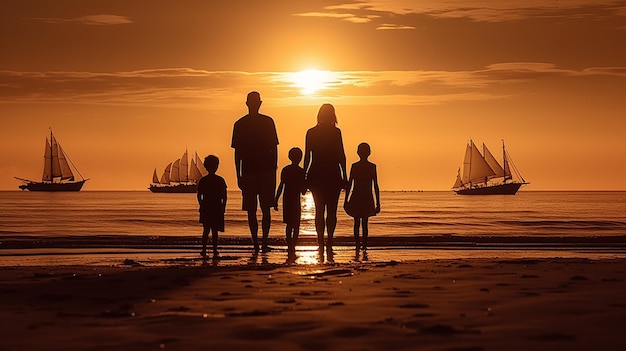 De familie staat aan de kust bij zonsondergang Generatieve AI