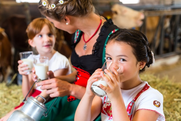 Foto de familiemelk van beieren in koeschuur