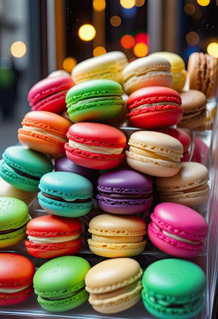 de feestelijke geest met close-up opnames van kerstmacarons tentoongesteld in een banketwinkel venster