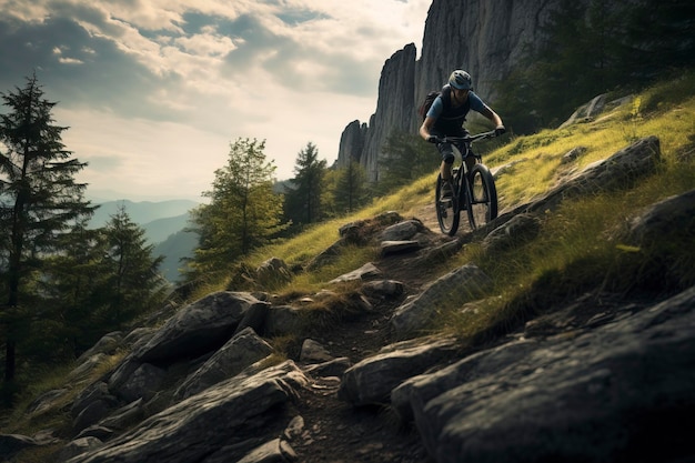 de fietser rijdt op een mountainbike op het moeilijke terrein