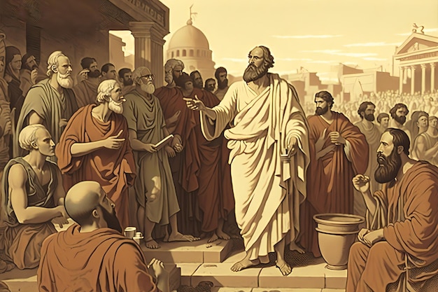 de filosoof Socrates die zijn filosofie predikt in de straten van Athene