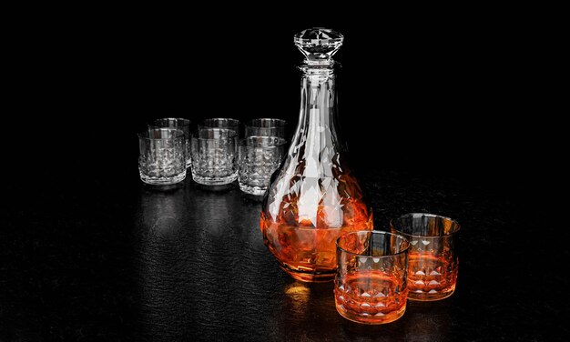 De fles en het glas hebben een elegant patroon voor cognac of whisky