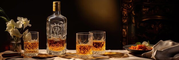 de fles whisky staat op een tafel voor een bril in de stijl van lichtbruin en goud