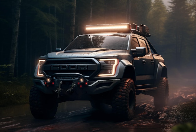 Foto de ford f-150 rijdt een robuust off-road voertuig in de stijl van eve ventrue