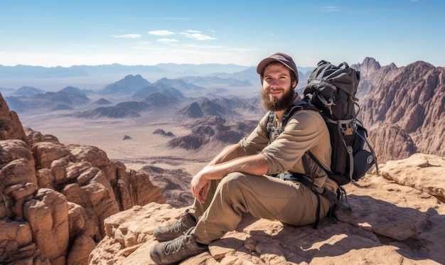 De foto legde een adembenemend moment vast van een reiziger die in de majestueuze bergen van Arabia designe designe staat