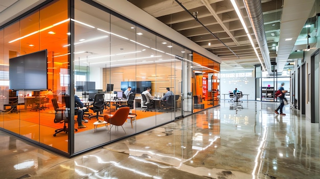 De foto toont een moderne kantoorruimte met glazen muren en een gepolijste betonnen vloer