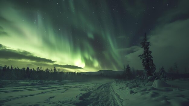 De foto toont een prachtig winterlandschap met een groene aurora in de nachtelijke hemel