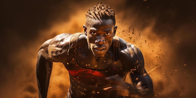 de foto van een atleet die in een leeg veld rent in de stijl van traditionele Afrikaanse kunst