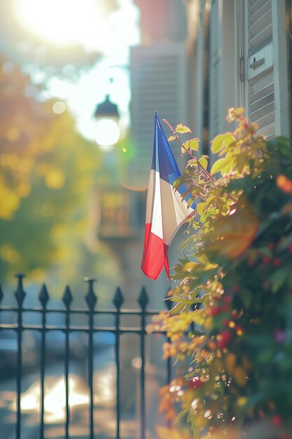 De Franse vlag staat op de hoek van het huis, een symbool van patriotisme met een wazige achtergrond.