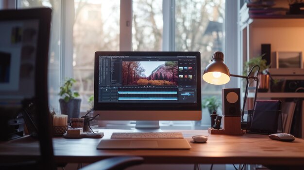 De freelance desktop met laptop en monitor herziening voor redacteur werk met inhoud video