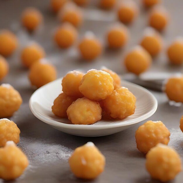 De frietjes zijn als kleine oranje bollen die drijven in de lucht als gebakken AI